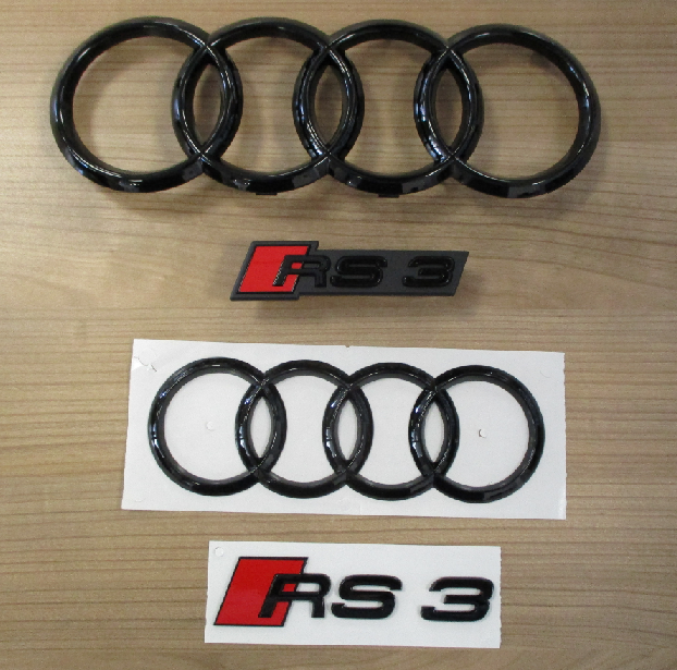 Original Audi RS3 Black Edition Emblem Kühlergrill + Heck + Ringe PAKET Schwarz